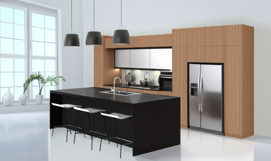 Wide shot of the newly remodeled modern kitchen